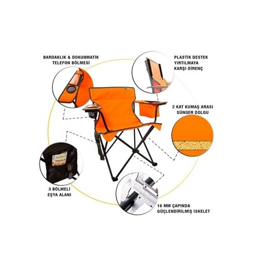 Kamp Sandalyesi - Katlanabilen - Buzluk bölmeli ve Cep Telefon Cepli - Neon Turuncu